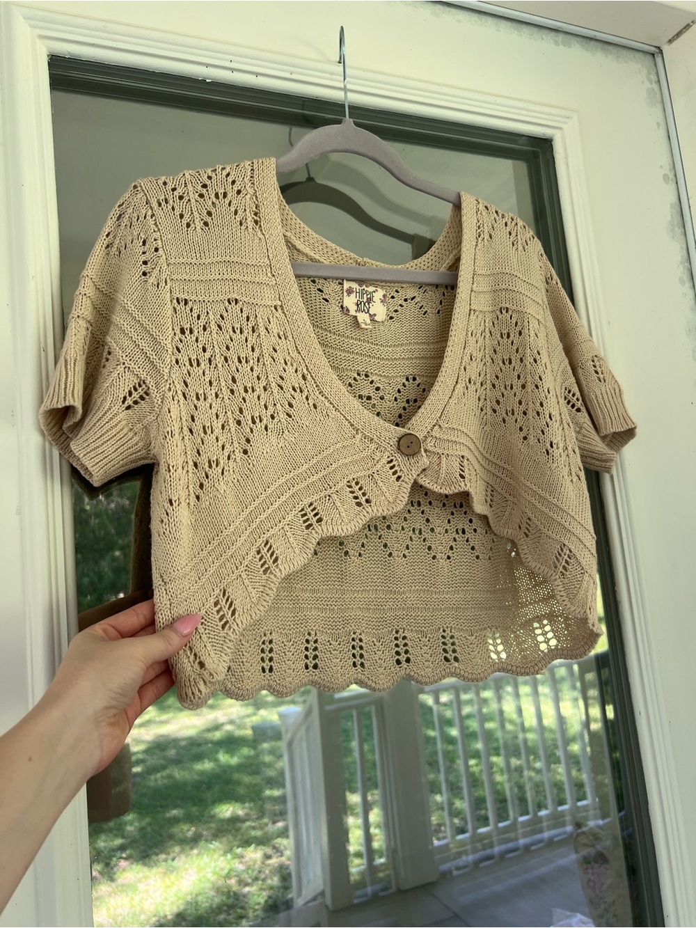 Hippie Rose Beige Crochet-Knit Short Sleeve Cardigan